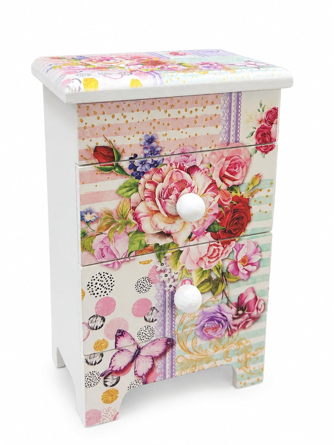 Wooden Jewelry Organizer Box with Built-in Mirror & 2 Storage Drawers | Floral Printed Jewellery Storage Cabinet for Rings, Earrings, Necklaces, Bracelets & Makeup Accessories (Multicolour-2)