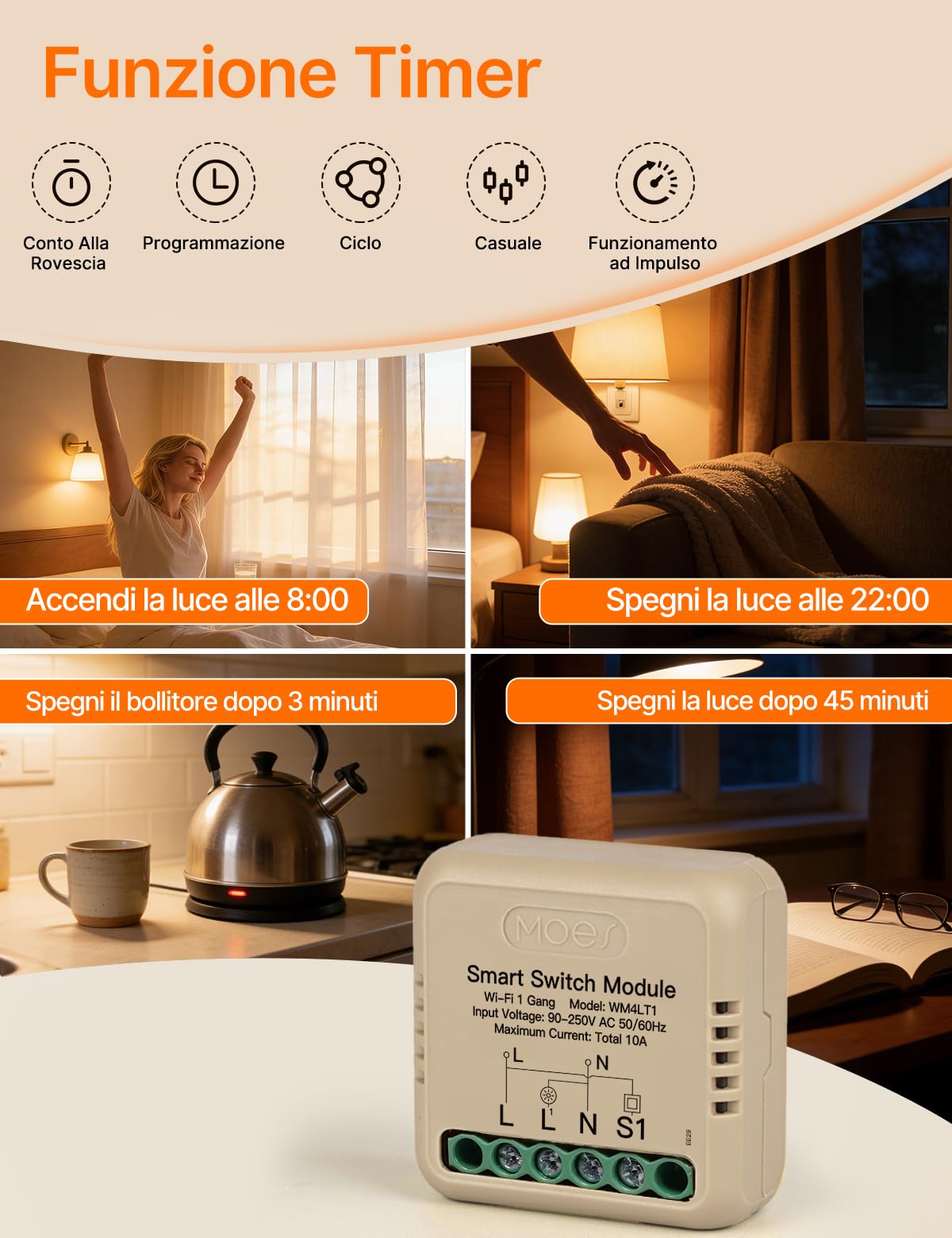 MOES Interruttore della luce Wlan da incasso, modulo relè mini, compatibile con Smart Life Tuya, Alexa e Google Home, neutro richiesto (1 volte)