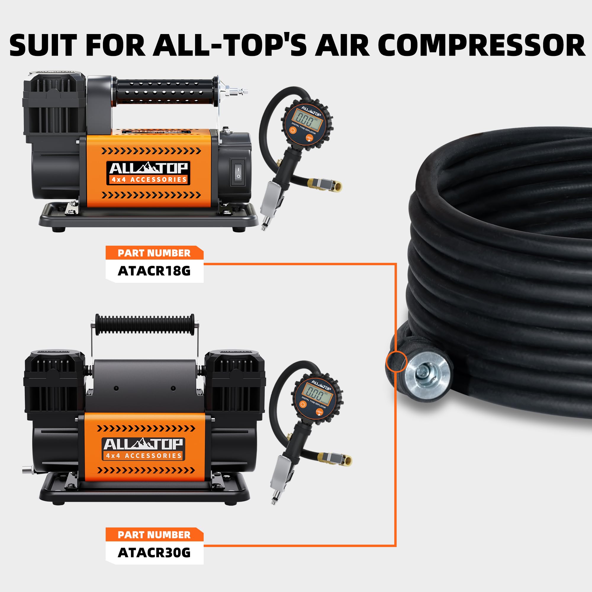 ALL-TOP Tubo dell'aria di ricambio per compressore d'aria, tubo dell'aria in gomma da 26,25 m con 2 connettori rapidi NPT da ¼ (per compressore d'aria con gonfiatore digitale)