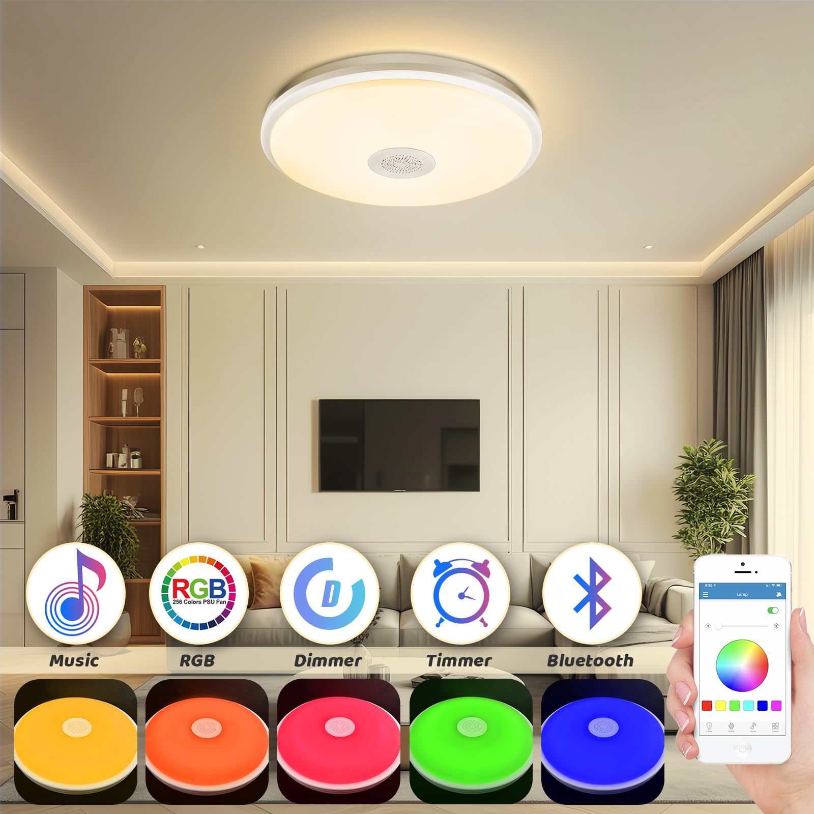 Plafoniera Led Soffitto Moderna, 48W Lampadario Soggiorno con Altoparlante Bluetooth, RGB Lampada da Soffitto con Telecomando e Controllo APP per Bagno, Camera da Letto, Soggiorno, Cucina