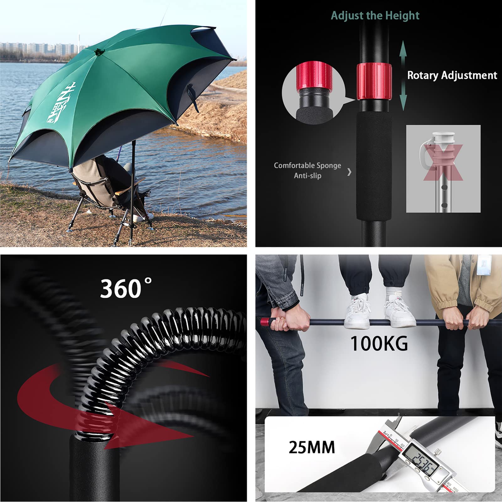 Ombrellone antivento resistente, ampio, regolabile a 360° con molla, asta telescopica girevole, impermeabile, trasmissione della luce nulla, ideale per pesca, giardino e spiaggia.