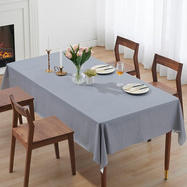 Tablecloth Soft Table Cover Reusable Wipeable Polyester Water Resistant PVC Plastic Table Protector for Kitchen Tabletop Decoration Rectangular Table Runner for Dining Party 140x200CM (Grey)