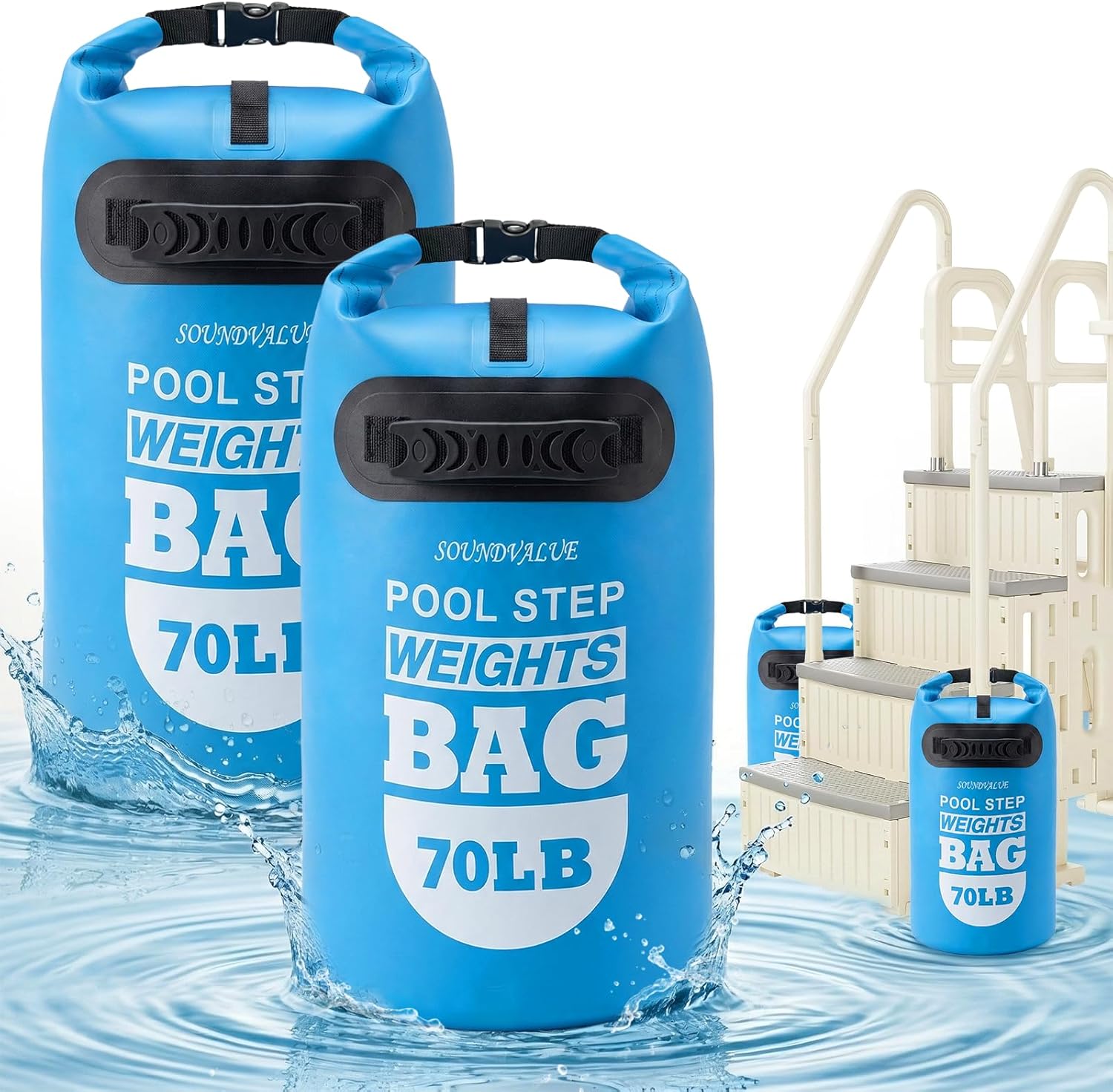2 Pack 70lb Heavy Duty Pool Ladder Weights, Sand Fillable Universal Sand Bags Step Anchors, 500D PVC Durable Waterproof & Foldable Sandbags for Above Ground Swimming Pools Stair, with Handle(Sky Blue)