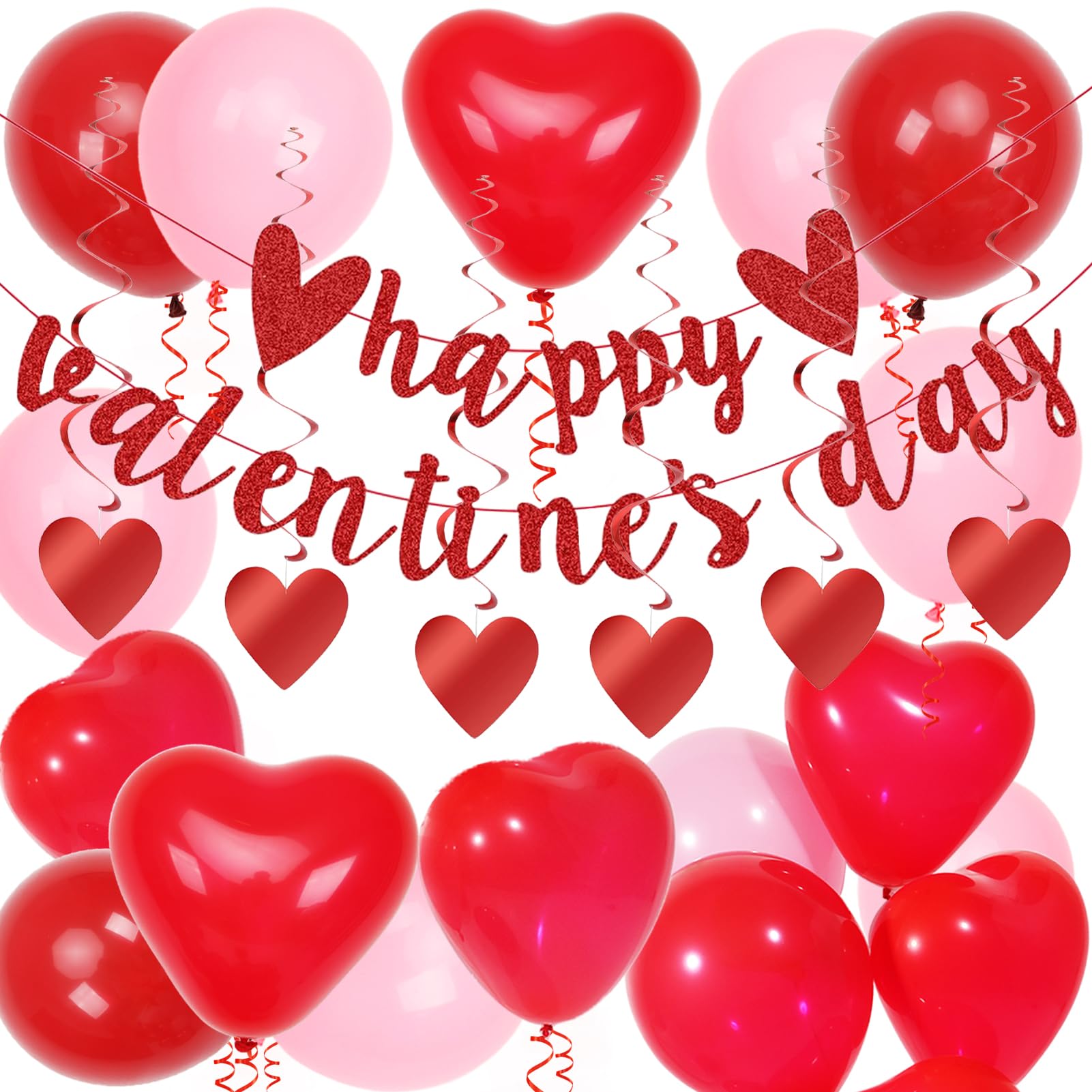 Valentine's Day Decorations Set, 15Pcs Pink and Red Heart Valentine's Day Balloons with Hanging Red Heart Swirls, Happy Valentines Day Banner for Valentines Anniversary Decorations