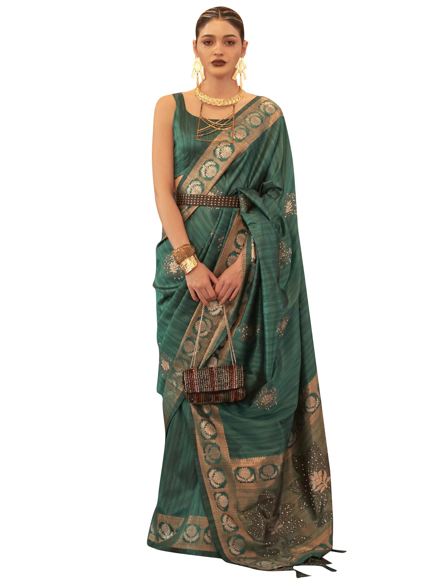 AKHILAMWomen's Banarasi Silk Blend Embroidered Zari Saree With Unstitched Blouse Piece (KIAAN12001_RB_Parent), Teal blue, One Size