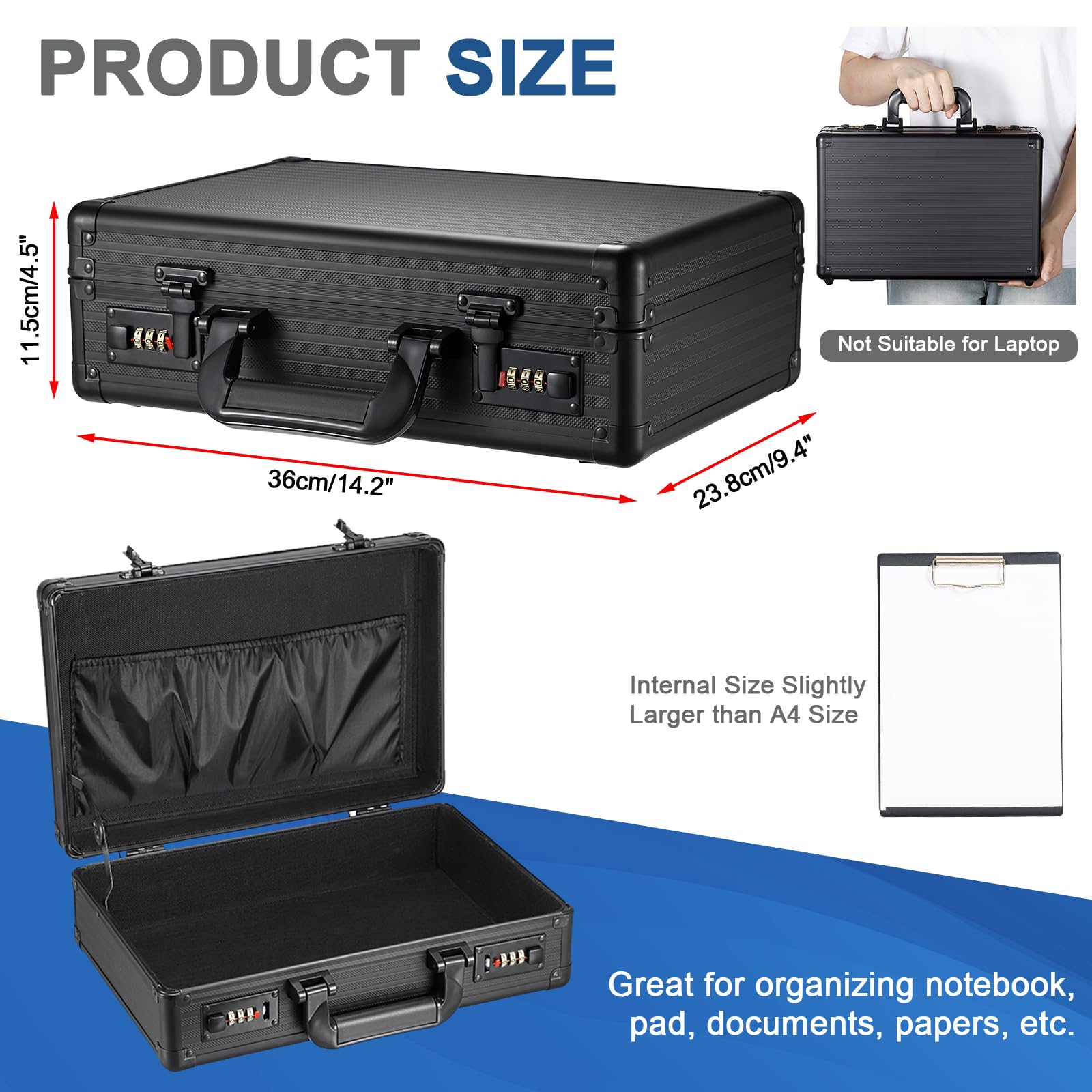 Mallette en aluminium avec serrure à combinaison A4 - Mallette à documents verrouillable - Petite valise en aluminium étanche - Mallette portable - Valise d'affaires pour les voyages