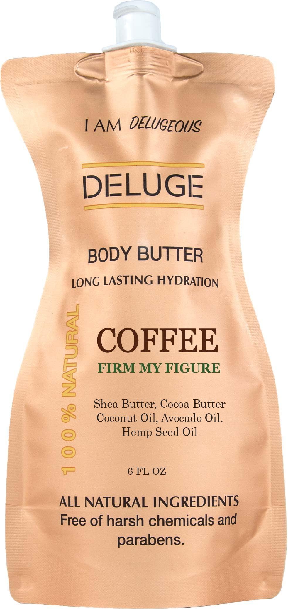 DELUGE coffee Body Butter for Women & Men โ 100% Organic Body Butter for Dry Skin - USA Made Natural Body Butter with Long Lasting Hydration & Non-Greasy Finish (6 FL OZ)