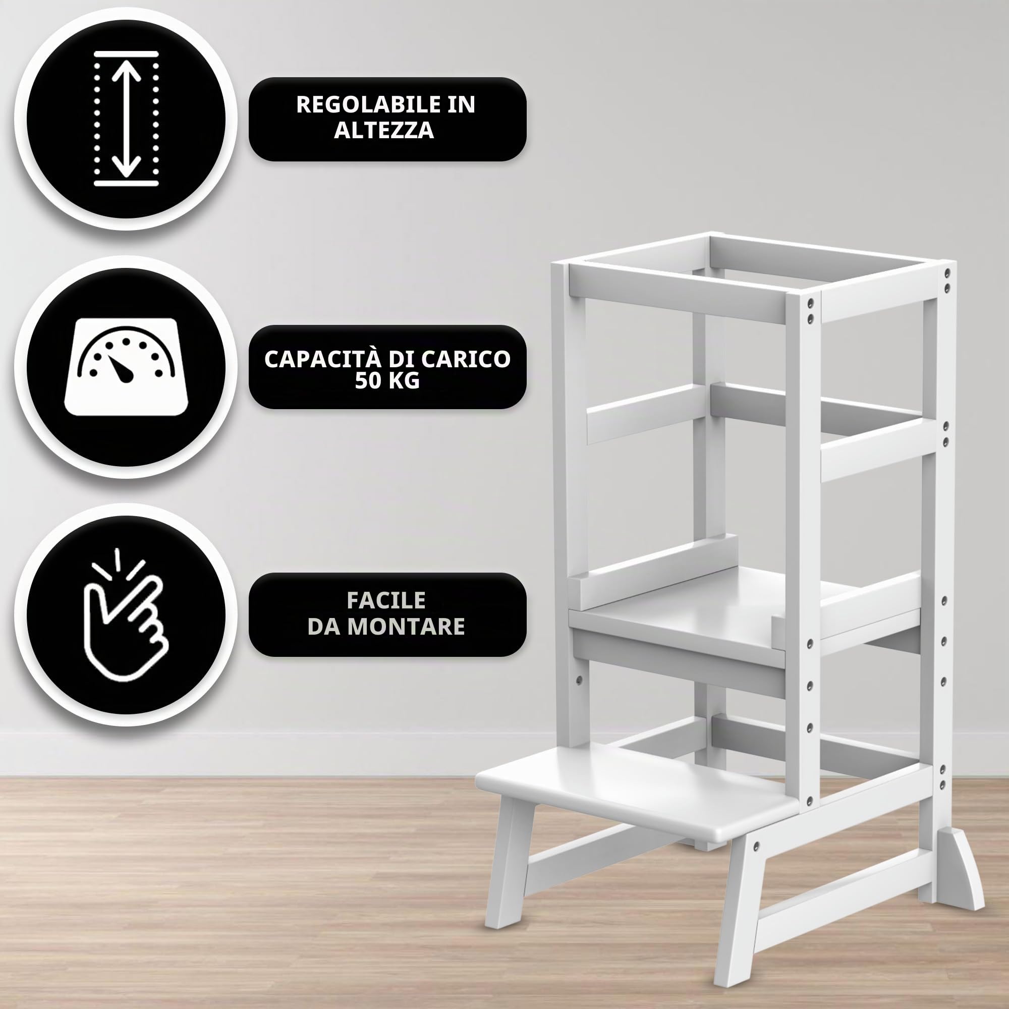 Torre Montessori per Bambini in Legno Bianco – Torre di Apprendimento Regolabile in Altezza, Sicura e Stabile, Ideale per Cucina e Bagno