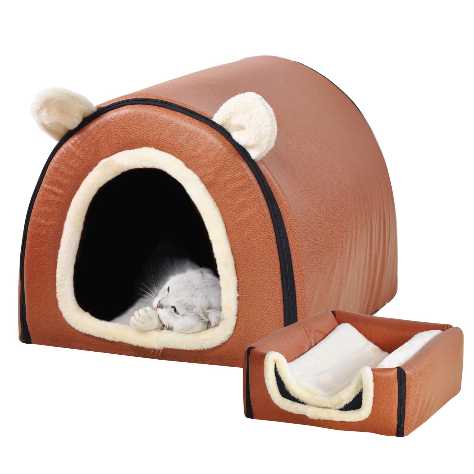 Cat Bed or Dog Bed,2 Ways to Use,Indoor Pet House with Fluffy Mat,Removable and Washable Cover,Splash-Proof House and Non-Slip Bottom,for Cats and Small Dogs(S Brown Faux Leather)-image-26