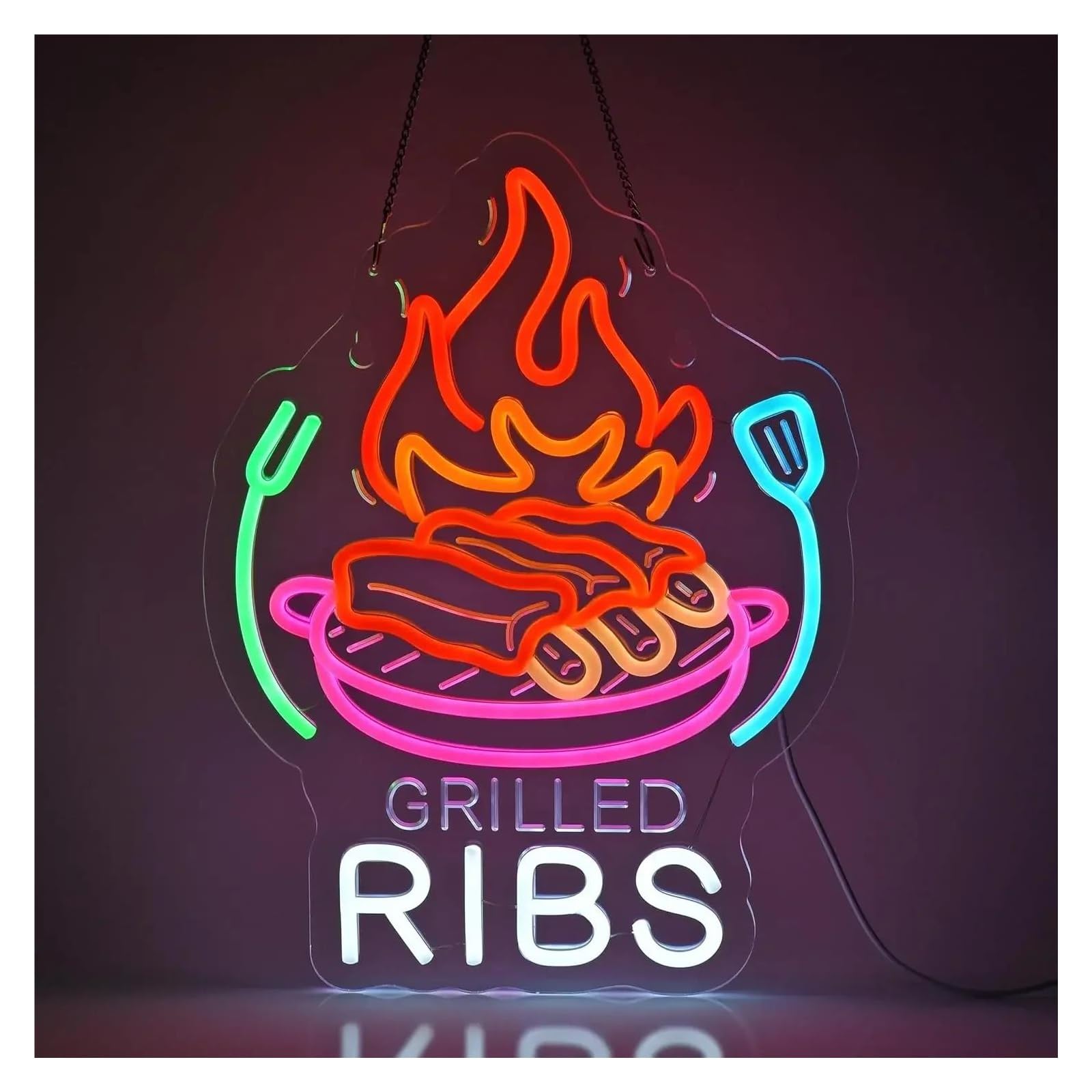 Rongch One Color Hanging Art Signs Barbecue Neon Sign Grilled Ribs Dimmable Light For Bbq Steakhouse Restaurant American Diner Decor 39.5X29.8cm