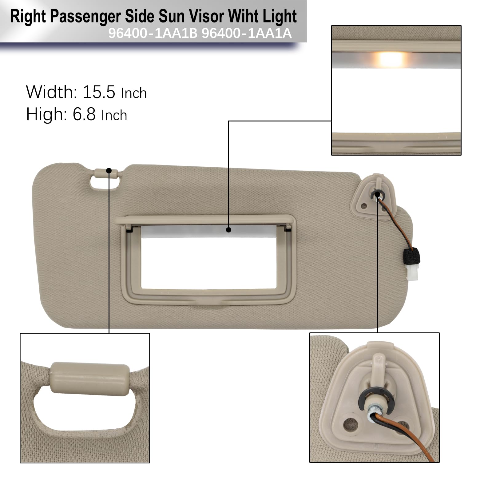 CRAZYPARTS Right Passenger Side Sun Visor For Nissan Murano (2009-2014) – Beige Replacement With Lamp, #96400-1AA1B
