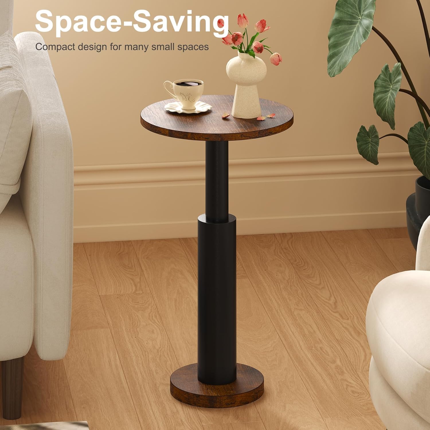 LAATOOREE Small Round Side Tables Set of 2, Drink Tables, Accent Coffee Tables, Pedestal End Tables with Thick Solid Wood Legs for Living Room,Sofa Couch,Small Spaces,Bedroom (Rustic Brown+ Black)