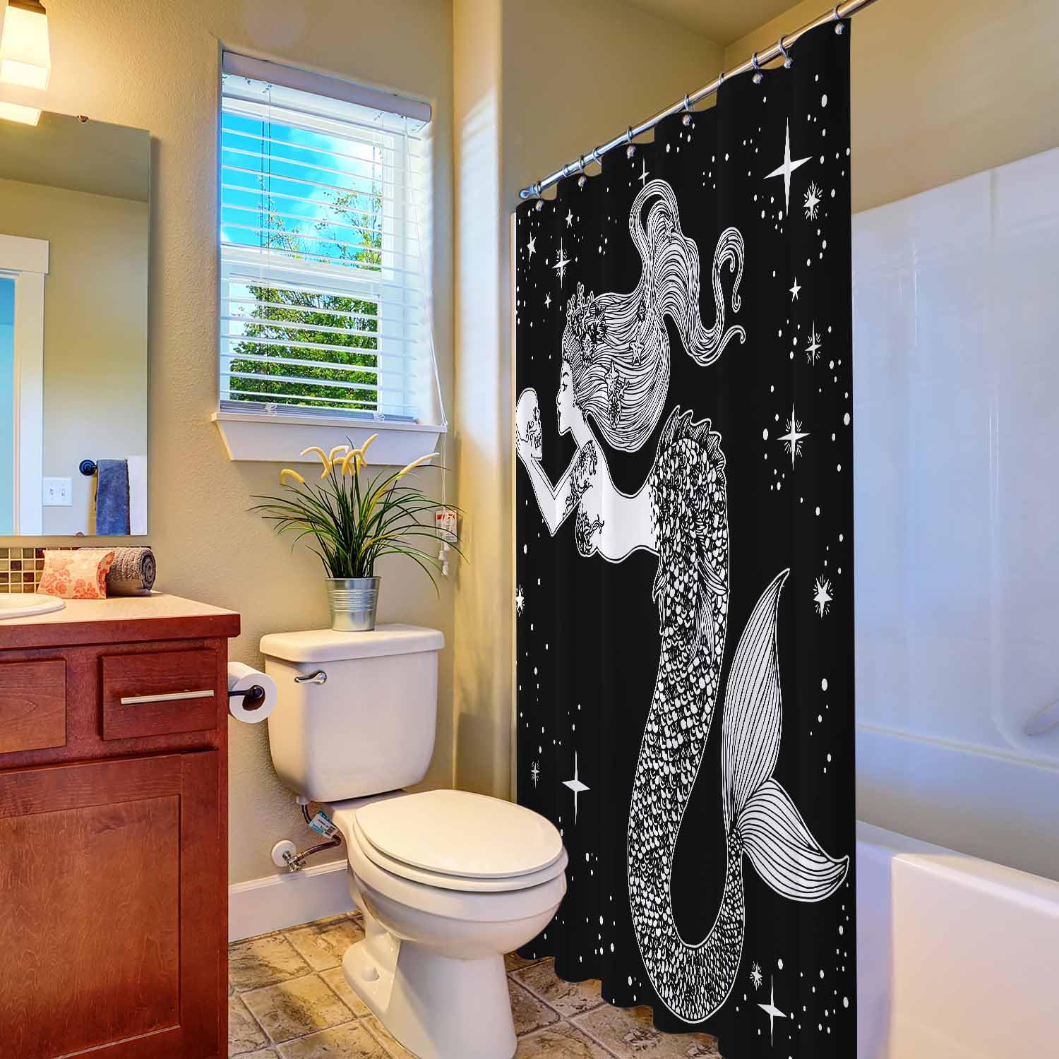 Woutay Shower Curtain Mould Proof Resistant Hand Draw Mermaid,Water Repellant Fabric,Polyester,with 12 Plastic Hooks - Image 4
