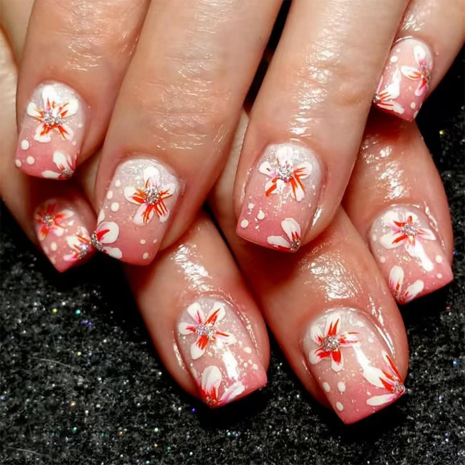 Light Pink Gradient French Tip Press on Nails Spring Flower Fake Nails Glitter False Nails Red White Floral Designs Full Cover Acrylic Nail Stick on