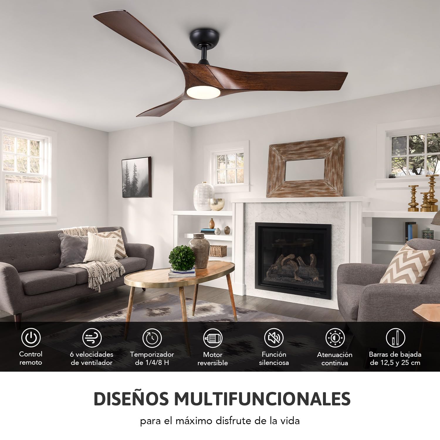 VONLUCE Ventilador de Techo con Luz y Mando a Distancia, 132 cm, 3 Aspas, Motor DC Reversible Silencioso de 6 Velocidades, Ventilador de Techo para Estudio, Patio, Marrón Oscuro