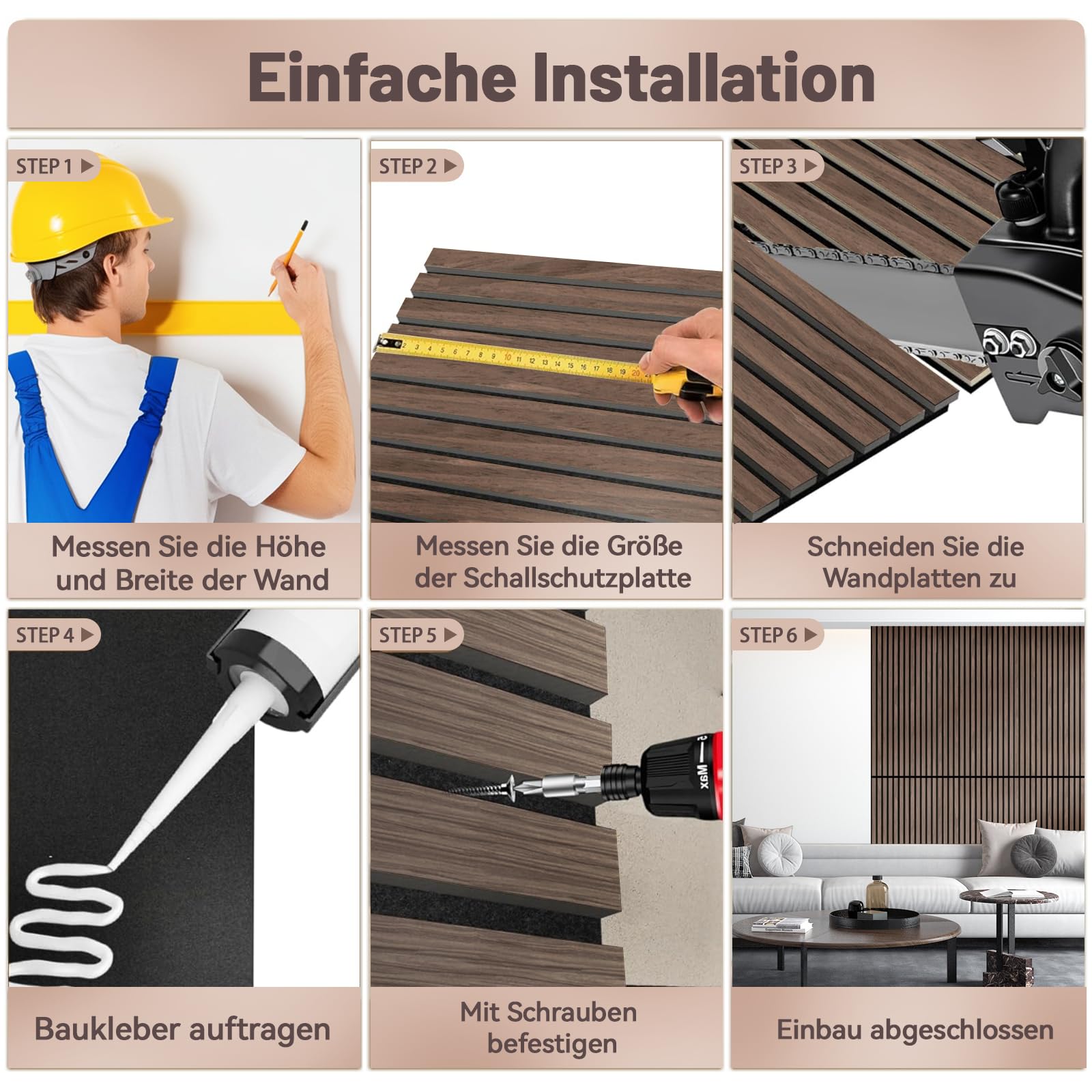 AKK-STAVE Akustikpaneele Holz 240x60 cm (1er-Set 1,44 m²) - Akustik Paneele & Holzpaneele Wand für Schallschutz | 3D Paneele Wand als Wandverkleidung Innen,Schallabsorber für Wohnzimmer(Schwarznuss)