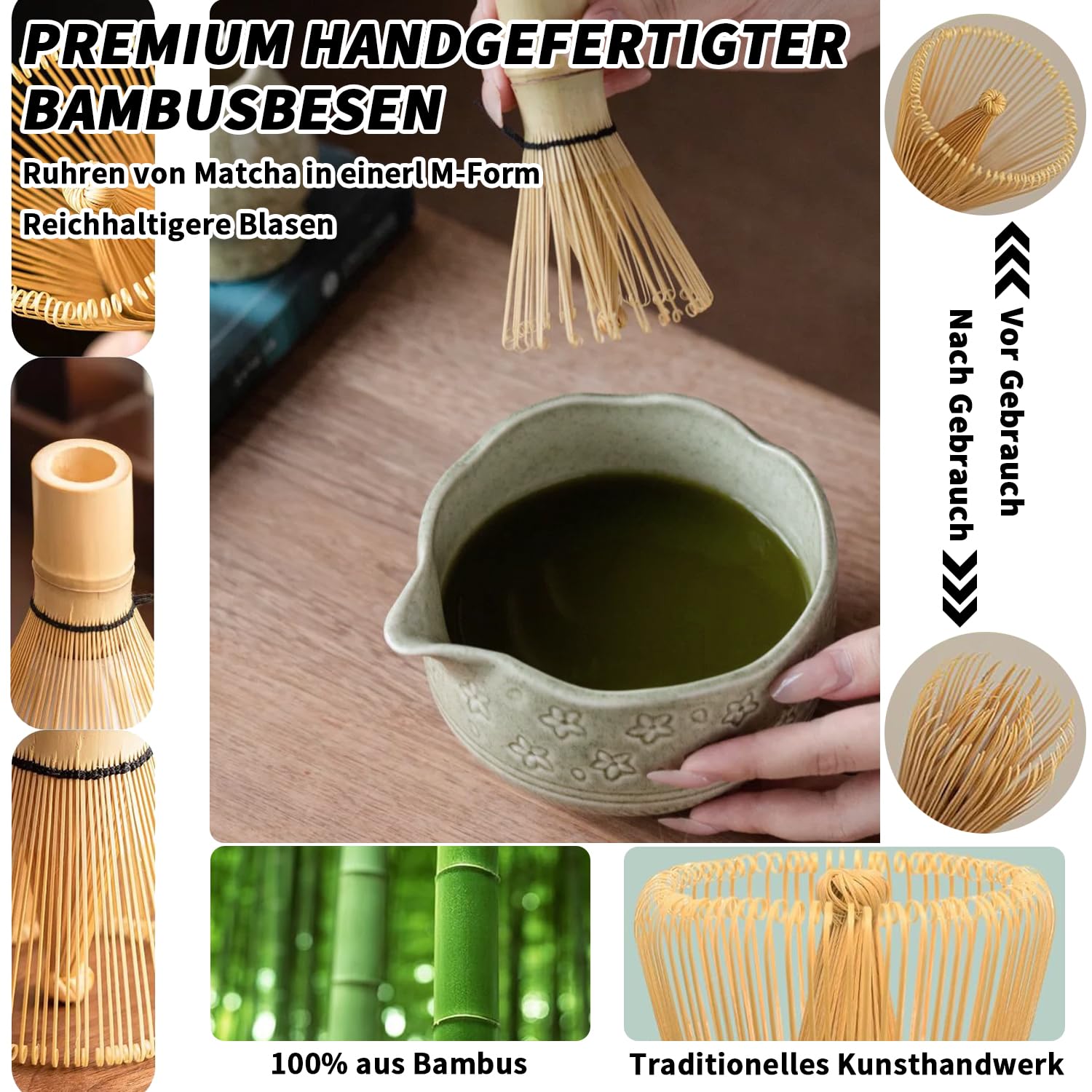 Lot de 6 bols à matcha japonais avec bec verseur, balai à matcha, passoire, cuillère, porte-balai, ensemble à thé élégant pour débutants et amateurs de matcha