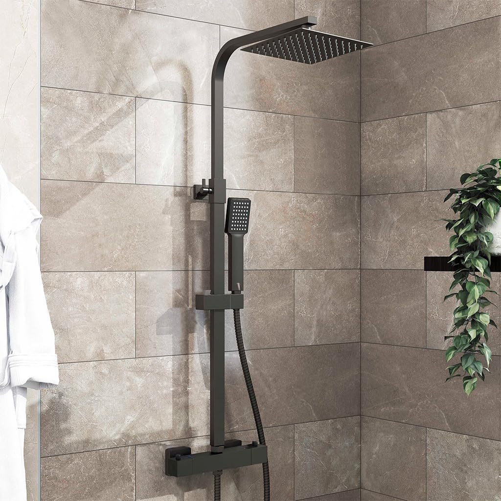 AICA Colonna Doccia con Miscelatore, Saliscendi Doccia Altezza Regolabile 80cm-120cm, Colonna Doccia con Soffione e Doccetta Quadrata 22x6.4cm, Miscelatore Termostatico Doccia in Acciaio Inox Nero