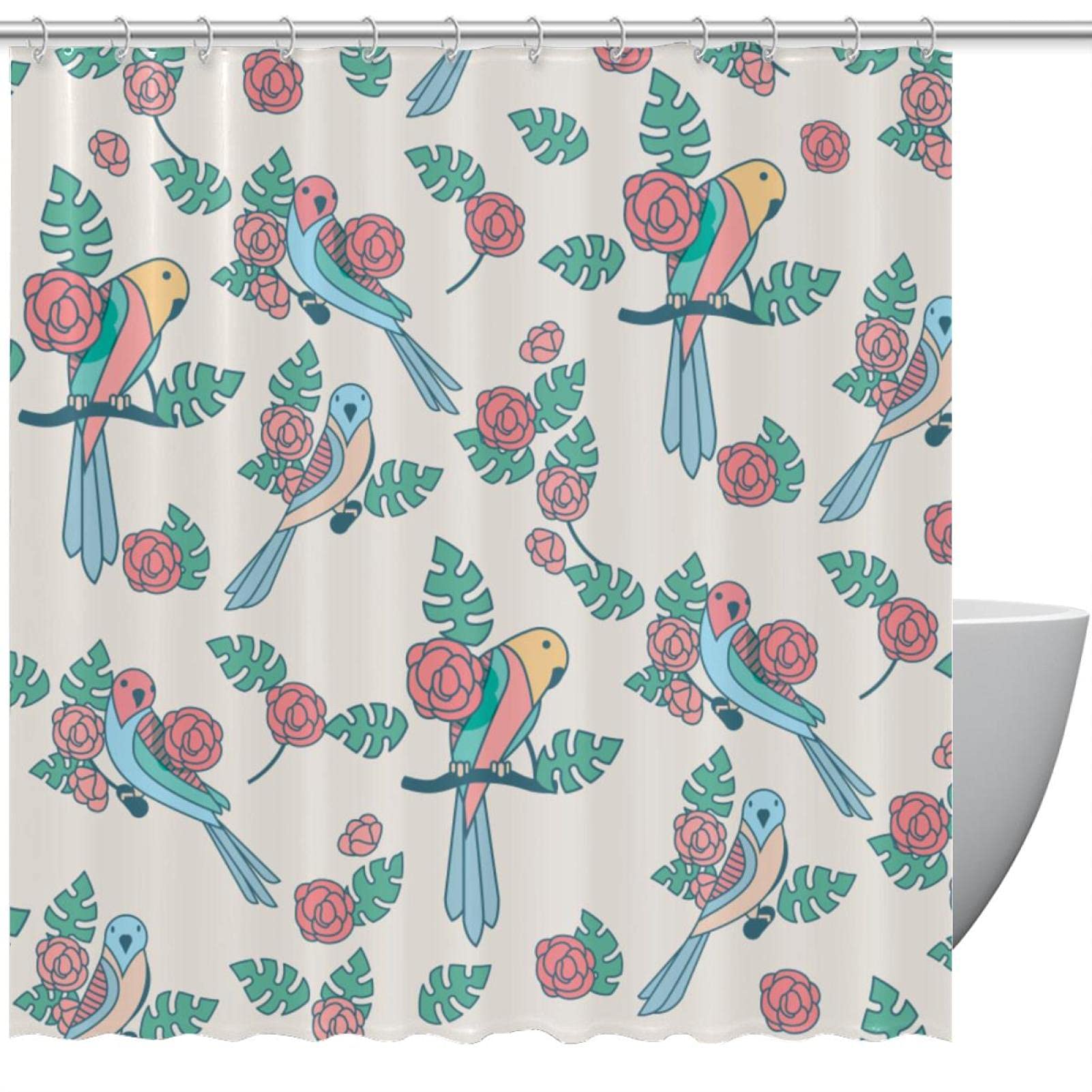 Rideau de douche motif perruche avec crochets inclus pour salle de bain
