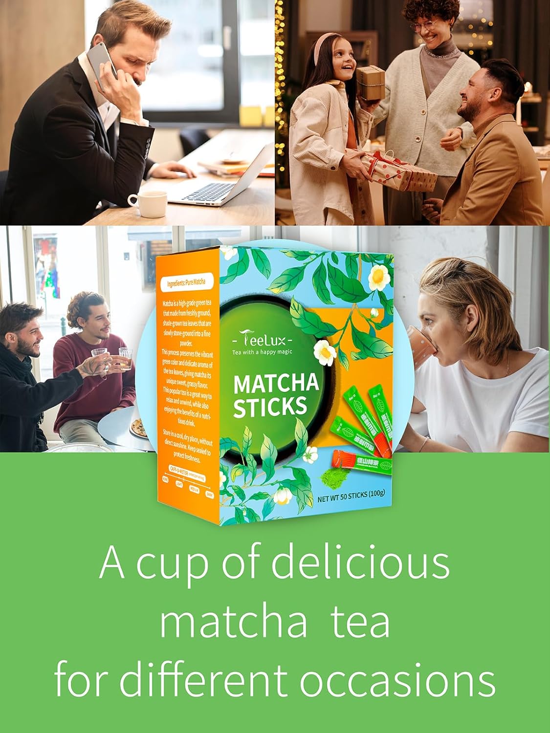 TeeLux Matcha Green Tea Powder, Premium First Harvest Culinary Grade Matcha Single Serve Packets, Unsweetened Matcha Powder Travel Stick Packs, 50 Count (Pack of 2)