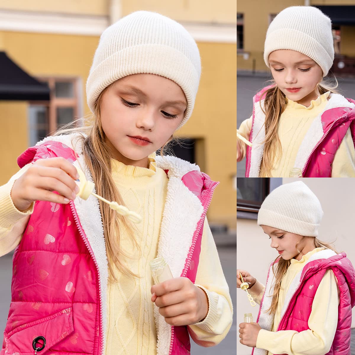 Berretto Invernale Caldo per Bambini, Cappello Maglia di 100% Cashmere Super Morbido per Ragazzi Ragazze, Berretto da Sci Beanie Hat, Cappelli di Protezione per Orecchie, 3-8 Anni, Regalo Caldo White