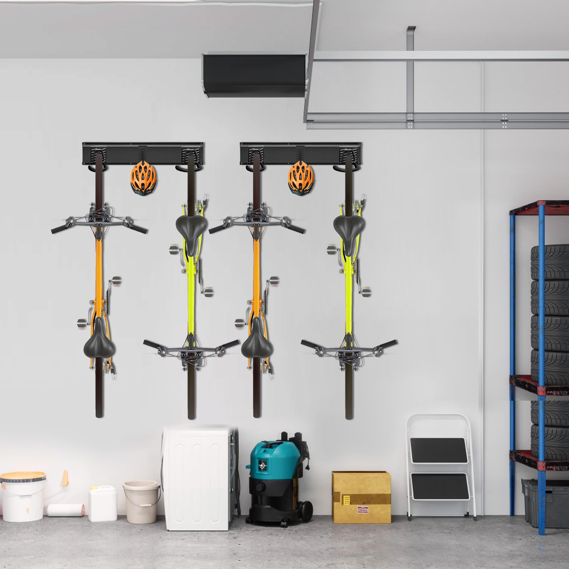 Mimoke Soporte de pared vertical ajustable para bicicleta eléctrica, MTB y bicicleta de carretera, soporte de pared para bicicletas y ganchos para casco (para 4 bicicletas 2 rieles)