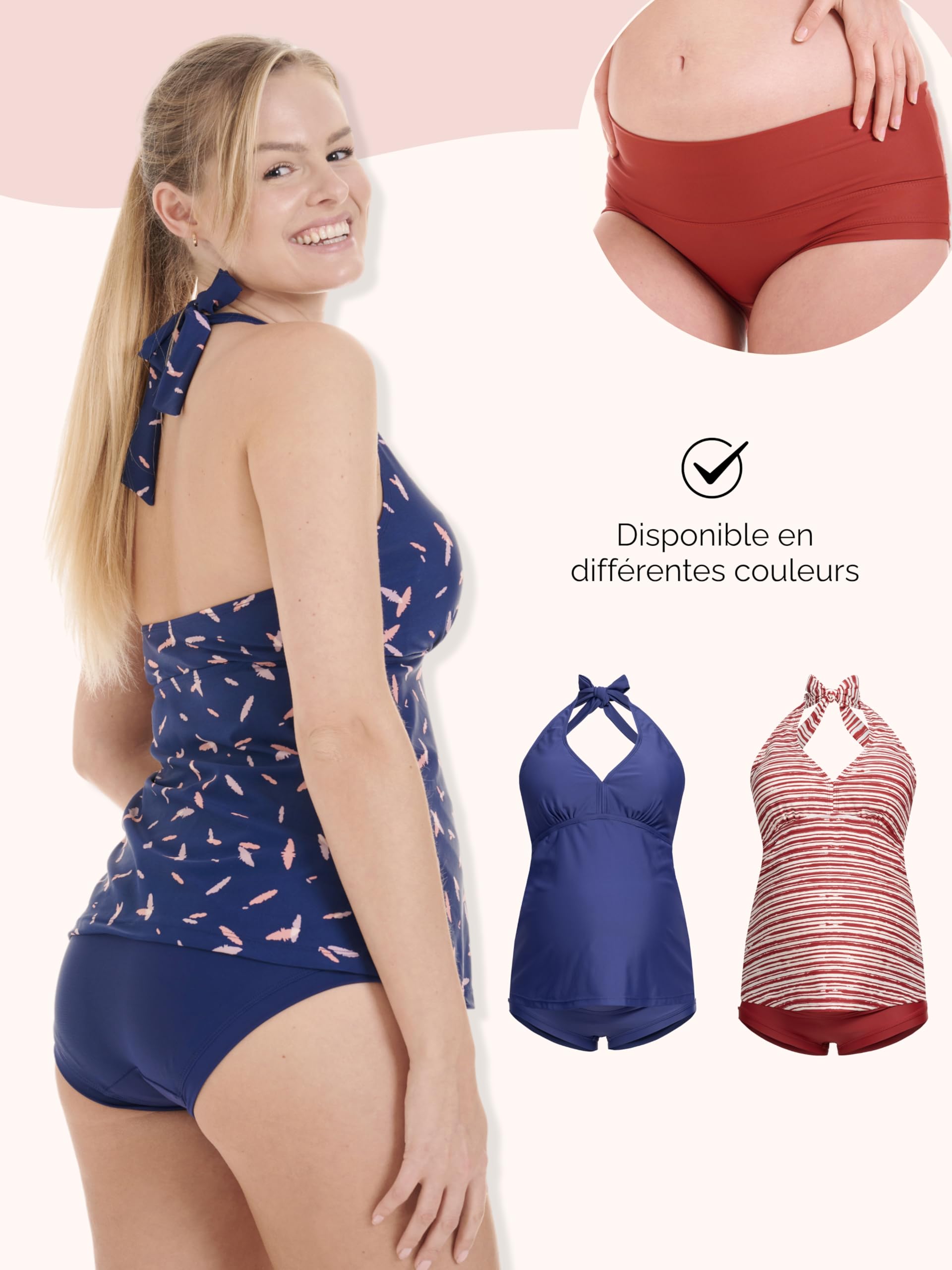 Herzmutter Maillot de Bain de Maternité - Tankini de Grossesse - Dos Nu - Licou - Tankini de Maternité - Maillot de Bain pour Femmes Enceinte - 2 Piècess - Protection UV - 7100 (S, Bleu-Plume)