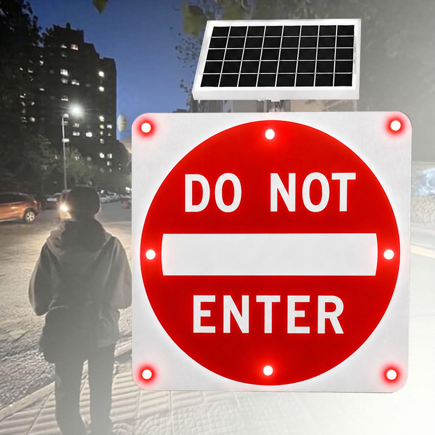 Señal Solar LED de «Prohibido el Paso» 24in-1piece | Luz intermitente nocturna automática, película reflectante de grado ingeniería, para entradas de vehículos