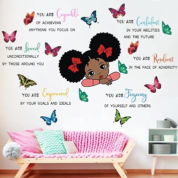 Black Girl Magic You Are Capable Confident Butterfly Inspirational Quotes Wall Decals, Pink Room Deor Motivational Saying African American Wall Sticker for Nursery Living Room Woman Bedroom Wall Decor