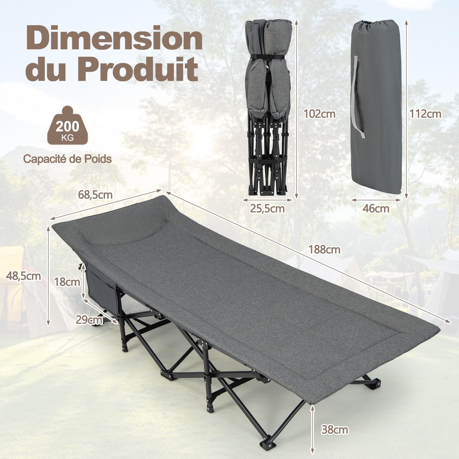 GOPLUS Lit de Camp, Lit de Camping Pliant avec 10 Pieds de Soutien et Sac de Transport, pour Voyage, Camping, Plage, Cadre Fort en Acier, 190X68,5X48,5CM, Charge 200KG (Gris)