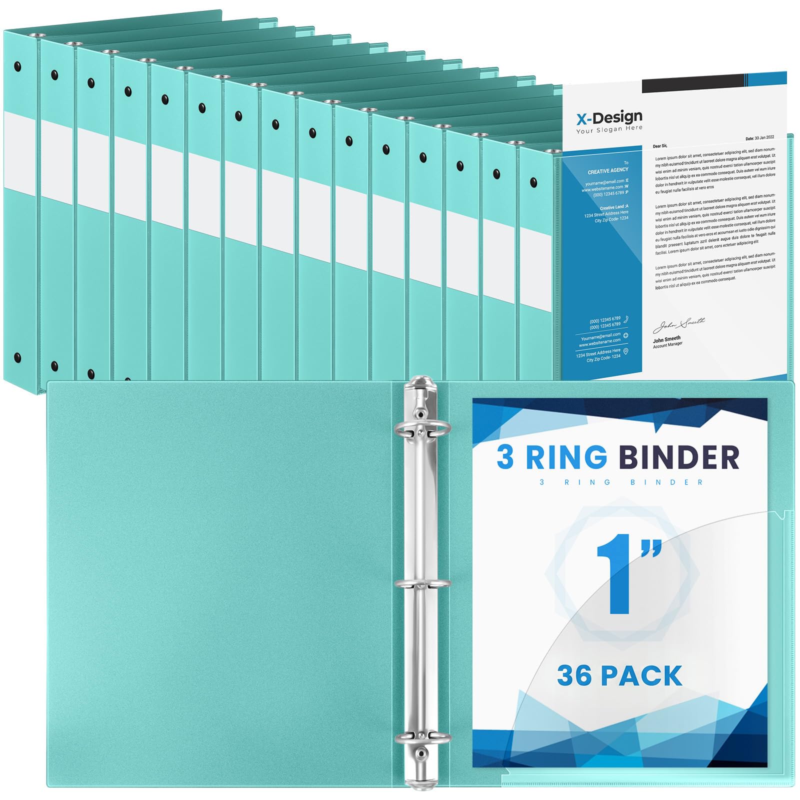 Henoyso 36 Pack 1 Inch 3 Ring Binder with Clear Cover Fit Letter Size 8.5" x 11" Paper Holds 240 Sheets, Bulk Binders for Organizing School, Office & Classroom Documents, 1 Pocket (Mint Green)