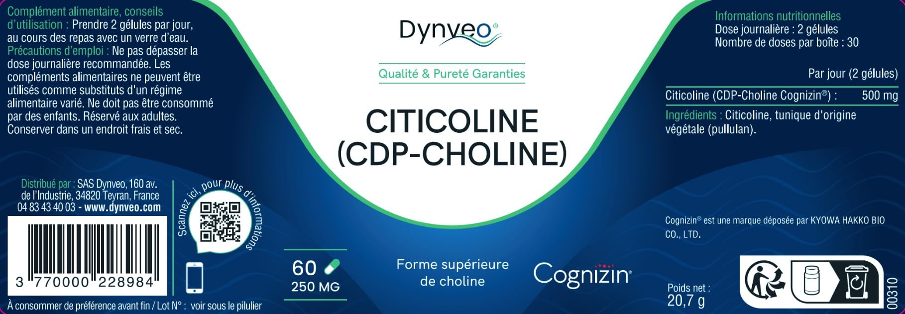 Citicoline Cognizin® : CDP Choline - Foie, Lipides & Homocystéine - Adaptée femmes enceintes et allaitantes - Forme brevetée biodisponible sans additifs - Vegan - 250 mg - 60 gélules (1 mois) - Dynveo