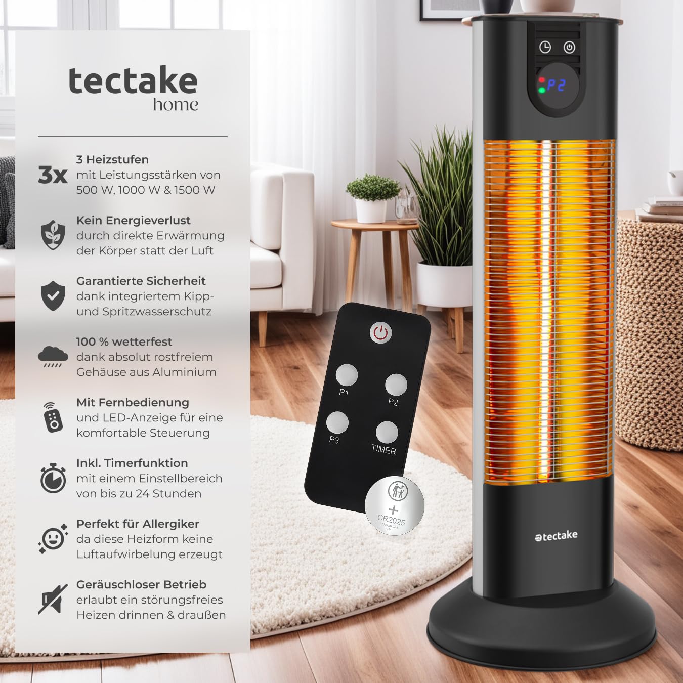 tectake® infrarot Heizstrahler mit Kippschutz und Timer für Innen und Outdoor, Heizlüfter elektrisch für Bad, Infrarotheizung Terrasse, elektro Wärmestrahler Camping, Infrarotstrahler, 1500W