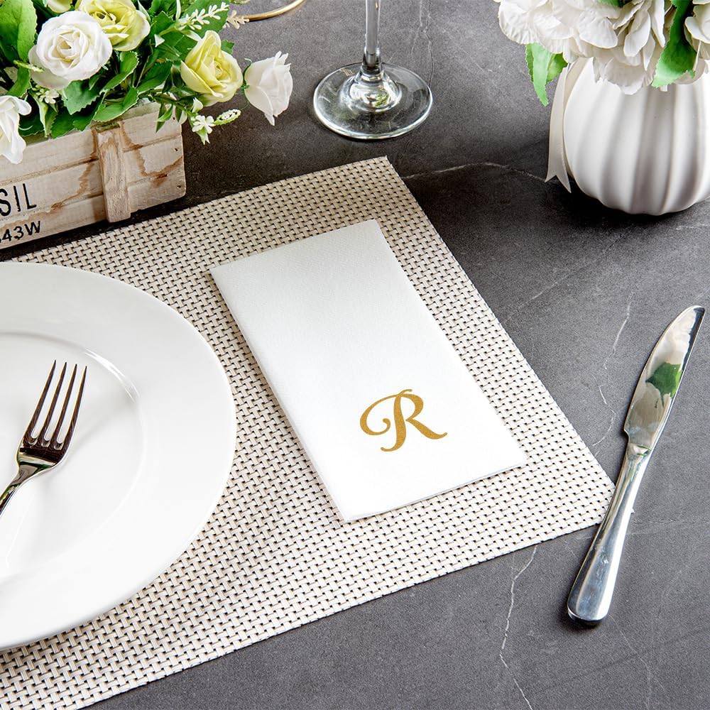 Restaurantware Luxenap 15.8 X 7.9 Inch Linen-Feel Guest Towels 50 Disposable Striped Hand Towels - Gold Letter 'R' Cursive Font White Paper Dinner Napkins airlaid For Restrooms And Tables (Pack of 2)