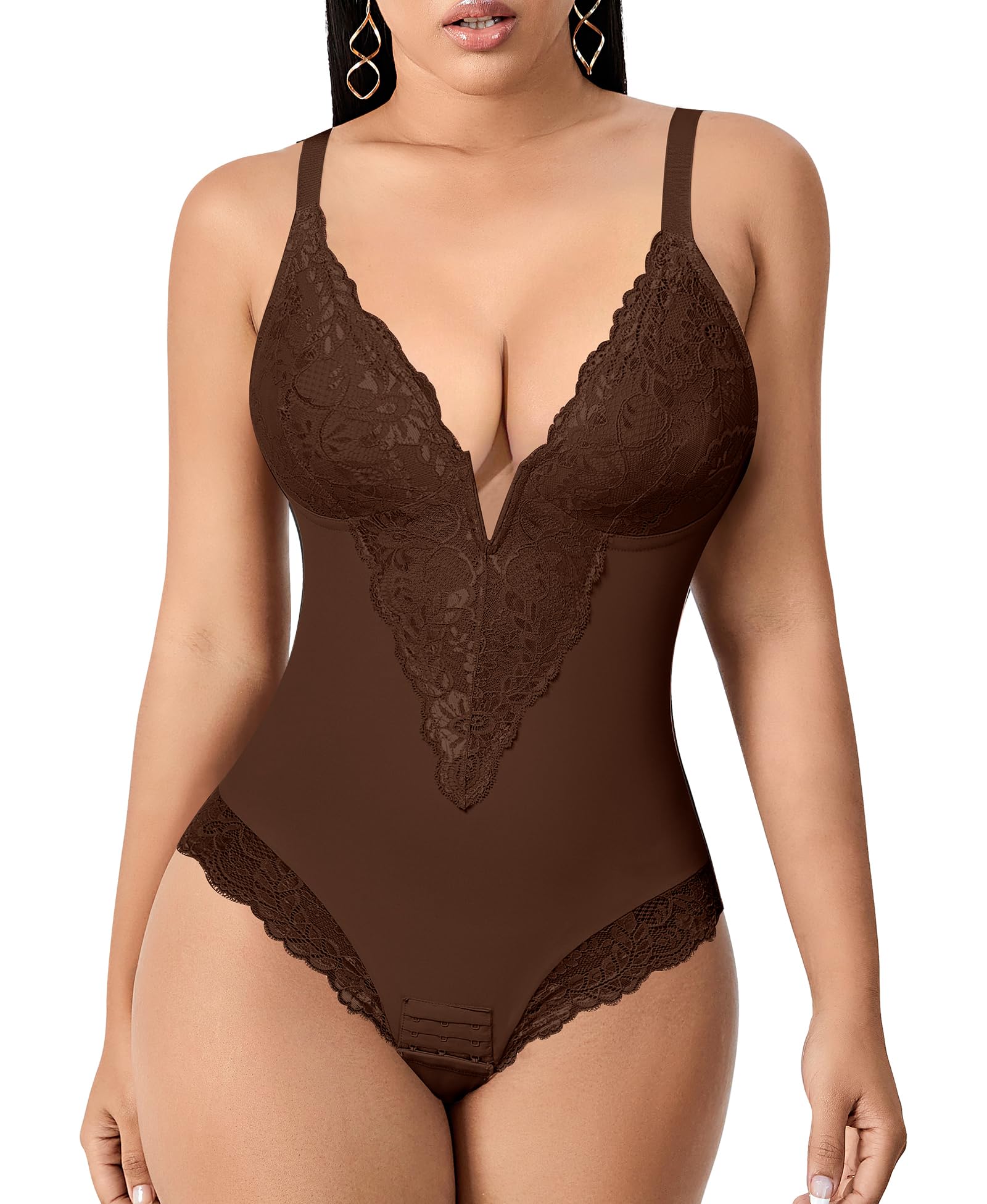 YARRCO Body Gainant Femme Ventre Plat String Gaine Amincissante Body Sculptant Bodysuit Shapewear Col V Dentelle Corset Minceur Invisible