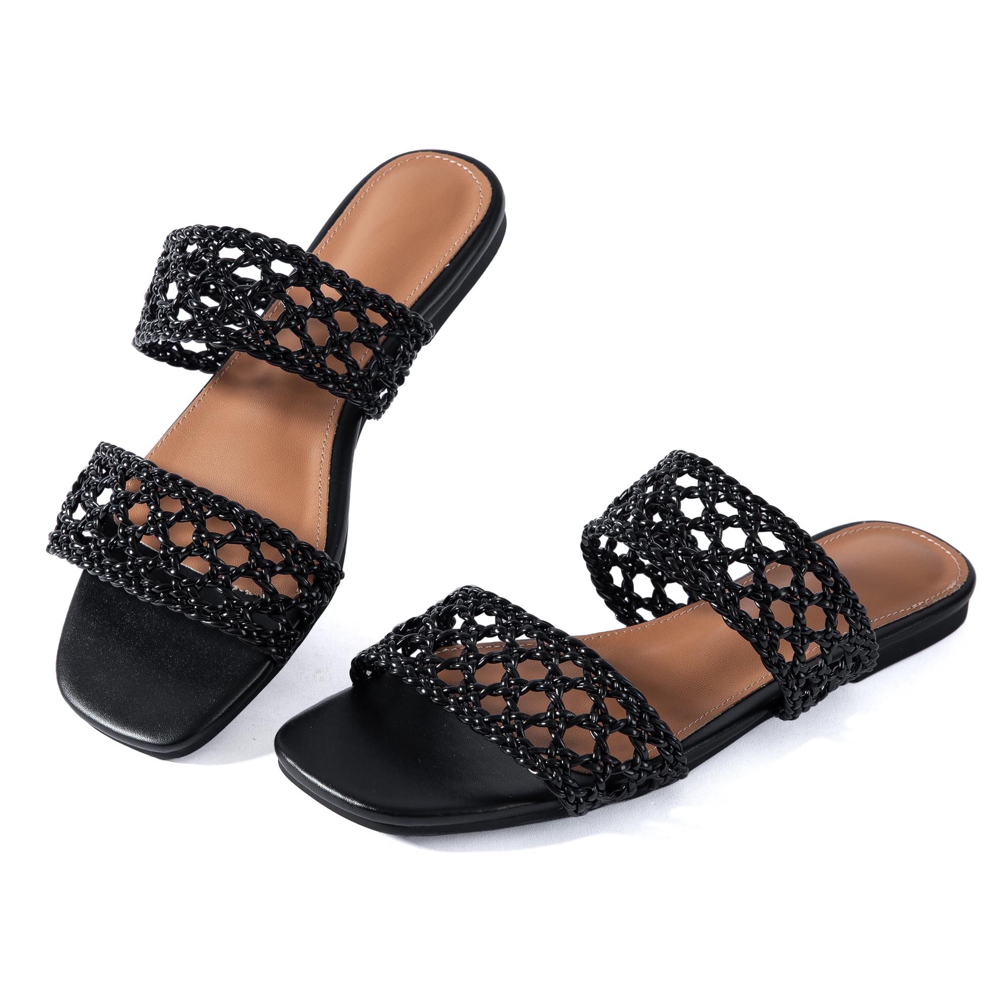 Mtzyoa Women's Flat Sandals - Strappy Leather Weave Slides, Square Toe, Comfort Foam, Black, Size 6.5 - View #11