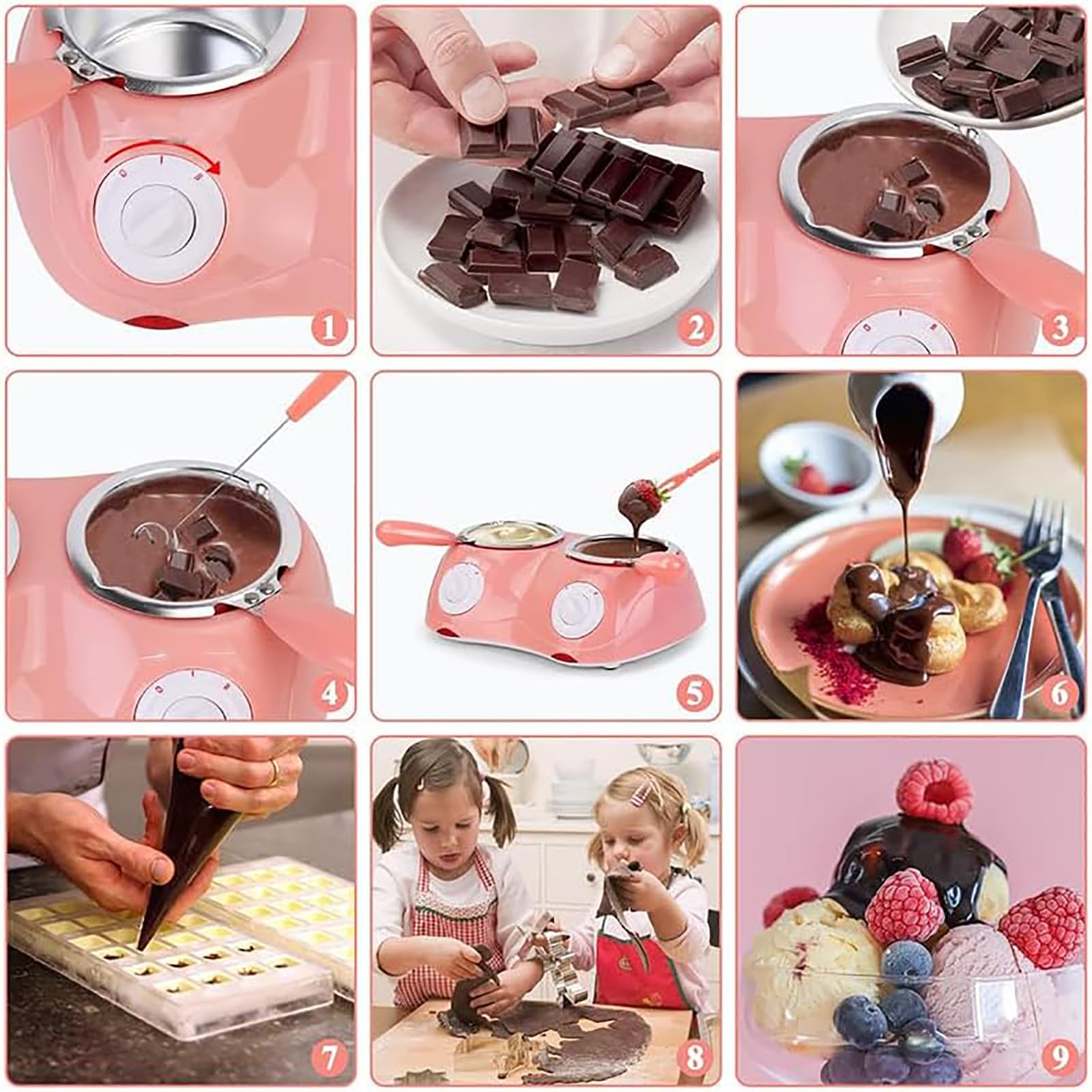 Ensemble à fondue à chocolat à double pot, fondoir à bonbons électrique avec contrôle de la température, moules à faire soi-même, accessoires pour chocolat, fromage et fournitures de pâtisserie pink