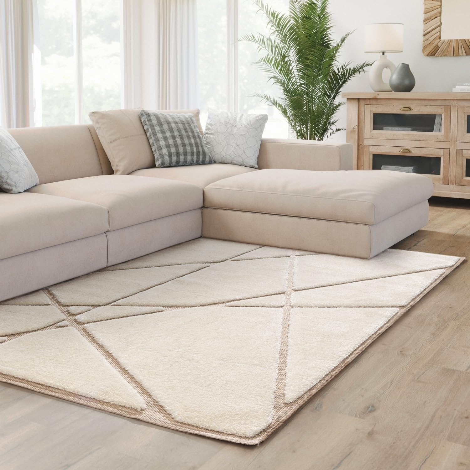 Interiyou Tapis Salon Verona - 160x230 Crème/Beige - Poils Longs avec Effet 3D - Motif géométrique - Intérieur pour Chambre, Bureau, Couloir - Facile à Entretenir