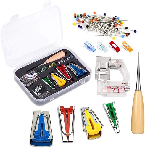 BUTUZE Kit de cinta al bies de tela con punzón de costura, pasador de posicionamiento, clip de carpeta ajustable, punzón de madera, prensa de pies,