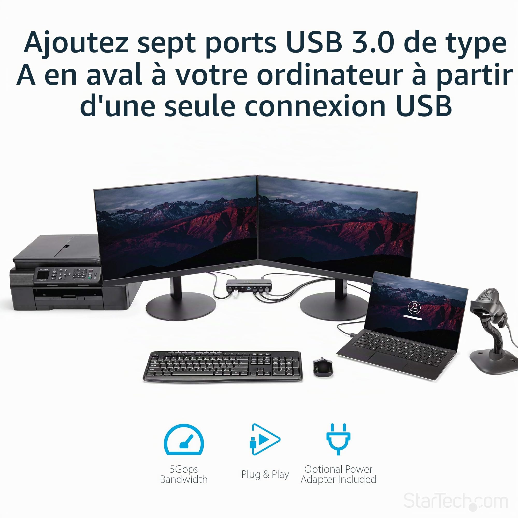 StarTech Hub USB 3.0 7 Ports 5Gbps, Adaptateur Alimentation (ST7300USB3B) | Station d'accueil, dock, Concentrateur, Alimenté par USB, Plug-and-play