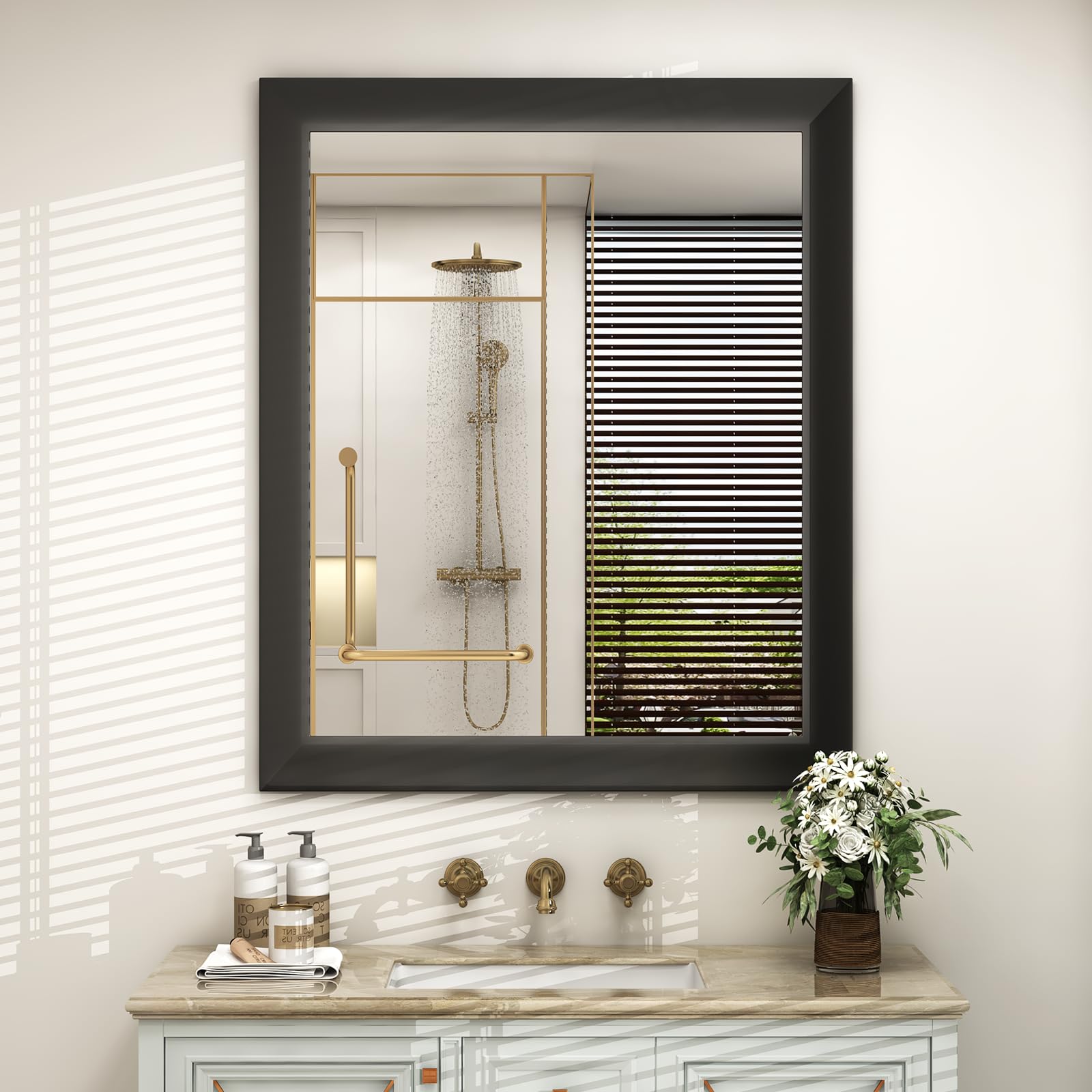 ( similar)SMIROR 34x38 Inch Matte Black Bathroom Mirrors for Over Sink, Metal Framed Vanity Mirror for Wall, Rectangular, Right Angle Corner, Thick Frame, Tempered Glass (Horizontally/Vertically)