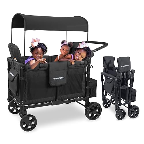 WONDERFOLD W4 Elite - Cochecito cuádruple con 4 asientos cara a cara con arneses de 5 puntos, mango de empuje ajustable y toldo extraíble de