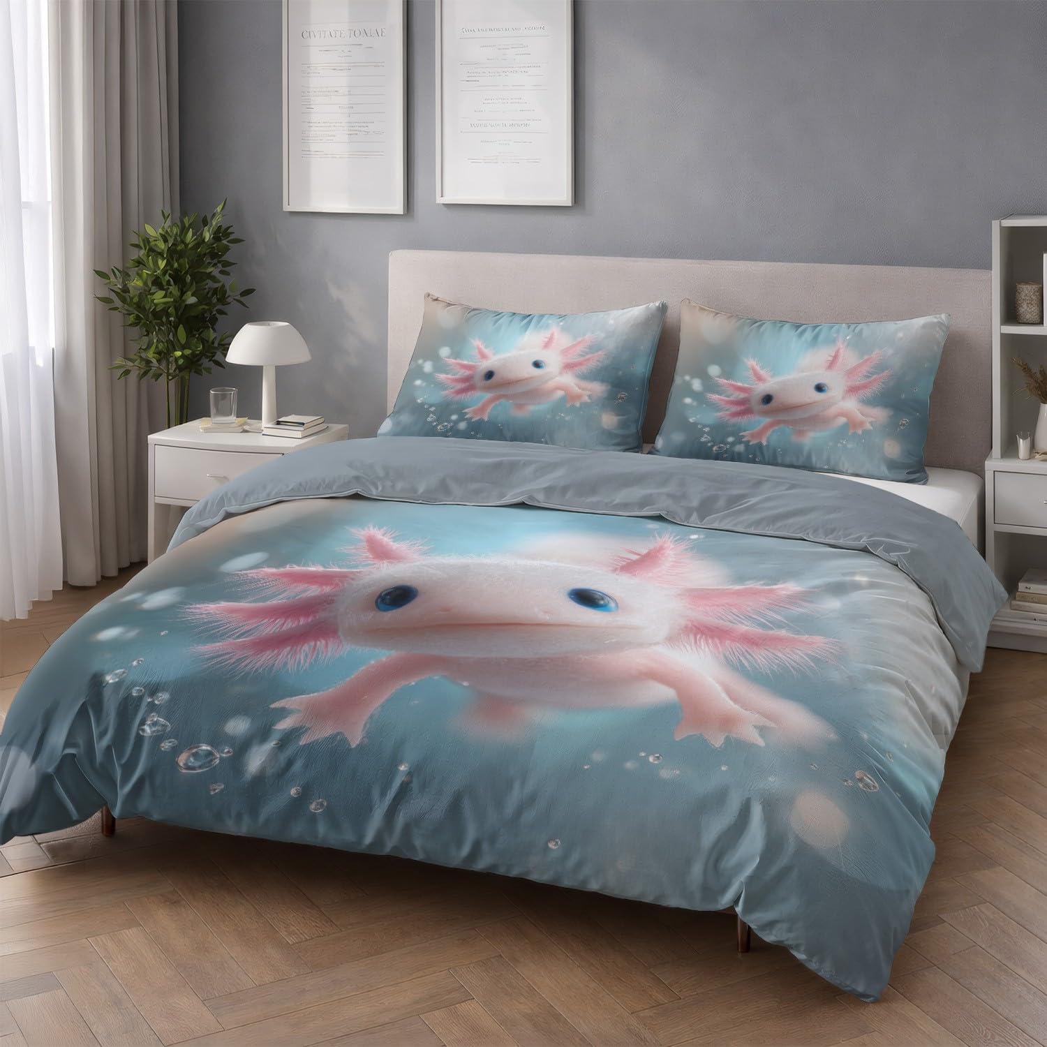 Funda Nórdica Cama 90 Funda de Edredón Azul de Microfibra Juego de Cama para Adulto Dibujos Animados Animales Salamandra Reversible Ropa de Cama con Cremallera y Fundas de Almohada 50x75 CM