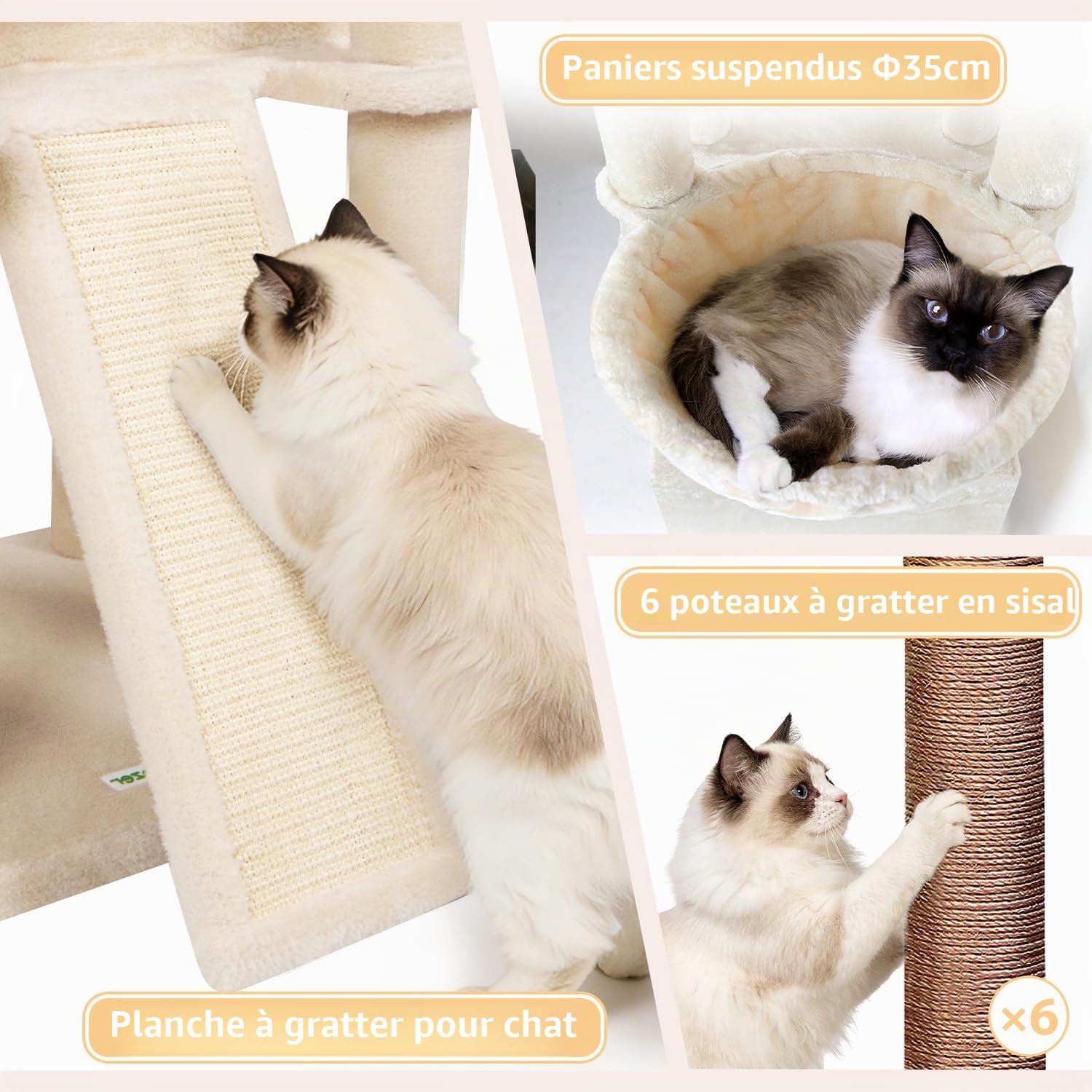 Globlazer Arbre à Chat Beige XXL 215 cm avec 2 Immense Niches, Extra-Large Plateformes, Pente Sisal Peluche, Paniers, Solide Arbre à Chat pour Gros Chats Grand Maine Coon Ragdoll Adulte (F84B, Beige)