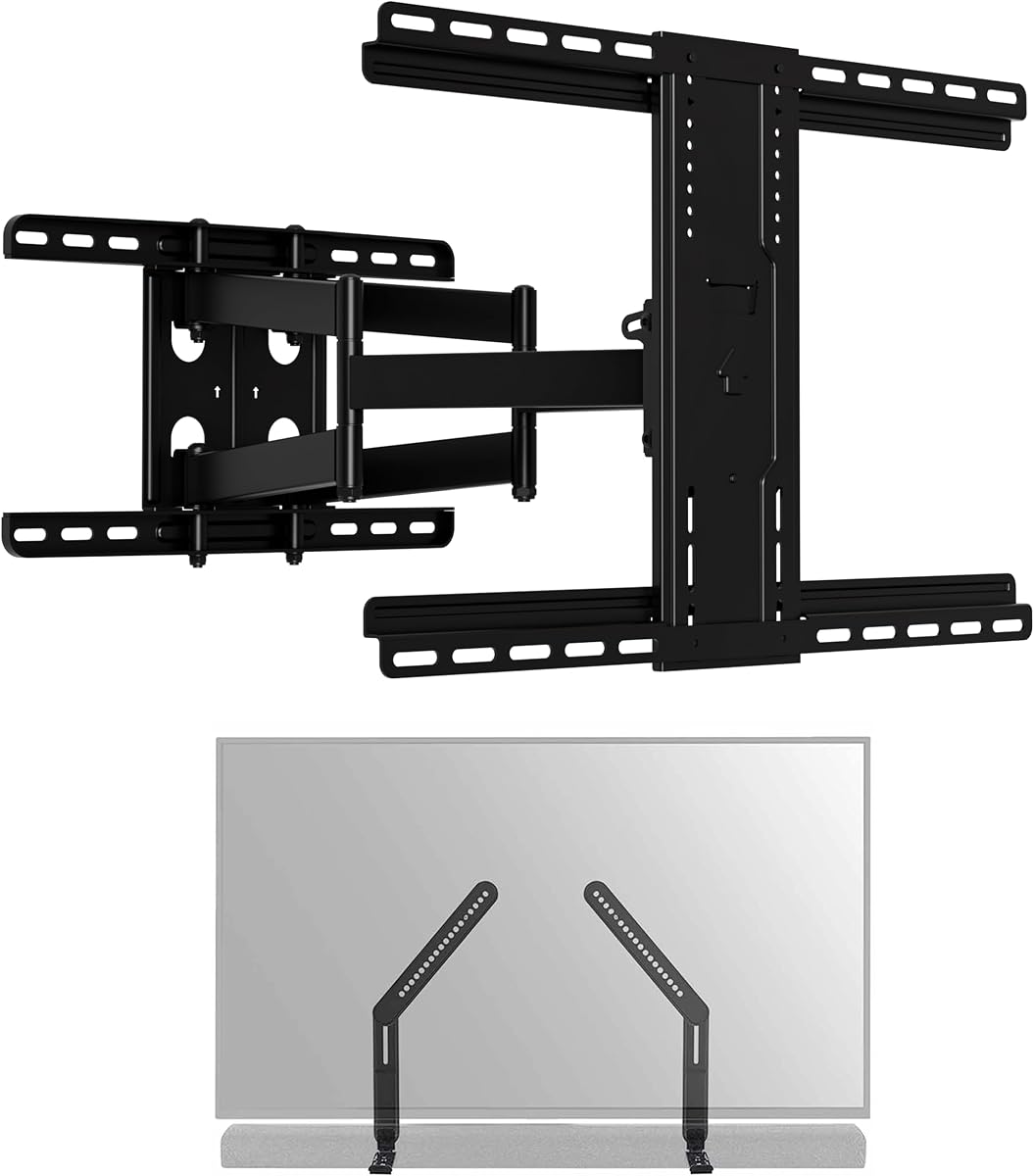 SANUS Soporte de pared para TV extra grande de movimiento completo - Diseño premium que se adapta a la mayoría de televisores grandes de hasta 90" + Soporte universal para barra de sonido - Soporta la mayoría de barras de sonido de hasta 15 libras - Fácil instalación, ajustes sin herramientas