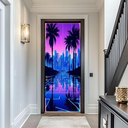 Miniatura 14 de Calcomanías para puerta, 3D y 80, neón, retro, Synthwave 3D, laberinto, cubos brillantes, líneas geométricas, murales, papel tapiz autoadhesivo para