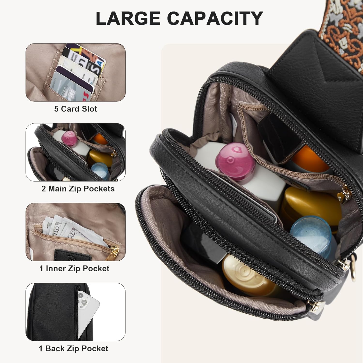 BOSTANTEN Sling Bag Quilted Crossbody Bags for Women Cross Body Purse Leather Fanny Pack with Adjustable Guitar Strap - Image 3