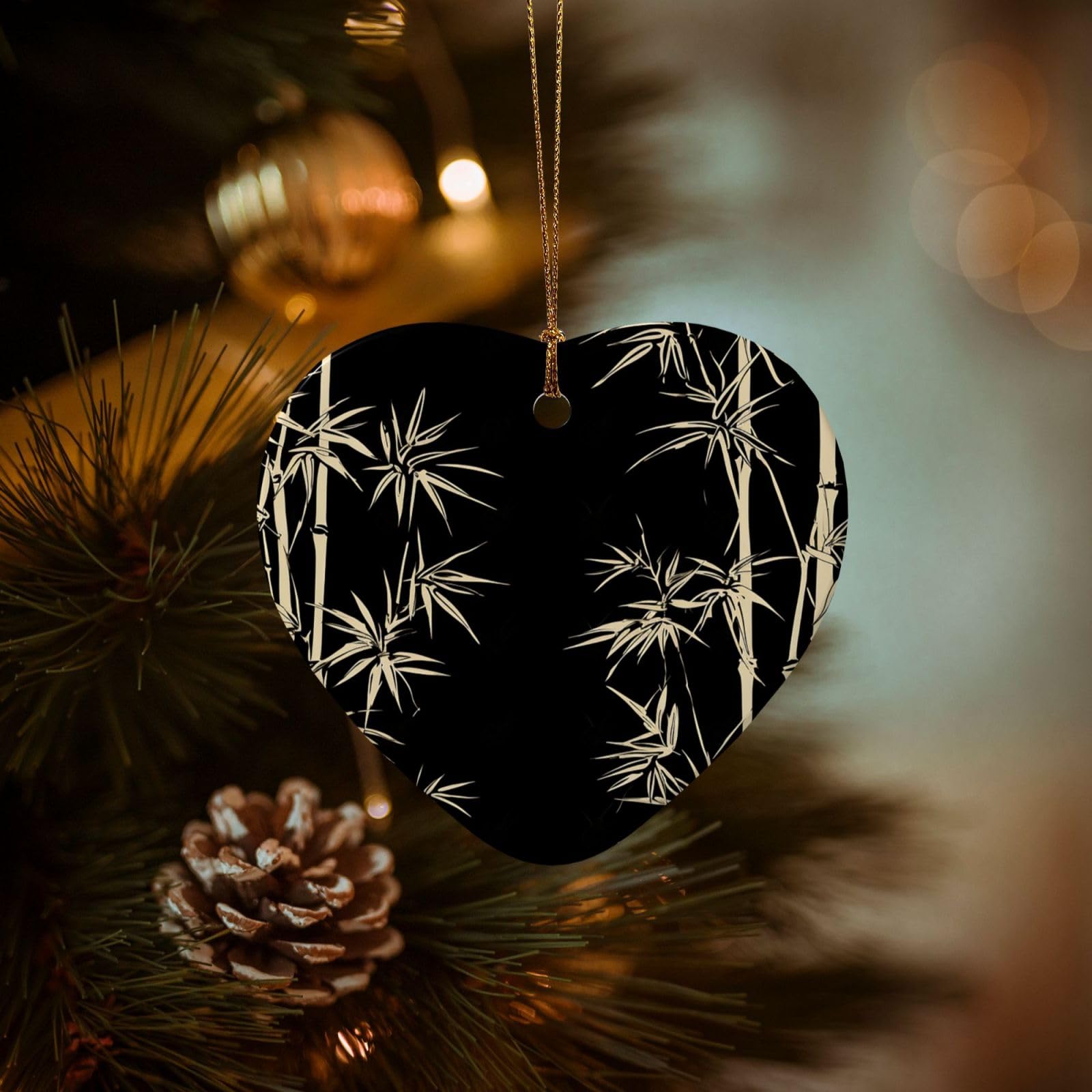 Christmas Ornaments for Christmas Tree Decoration Hanging Asian Bamboo Ornament with Gold Ribbon Crafts Heart Shape Ceramic Pendant for Keepsake Gifts Xmas Decor Party Supplies