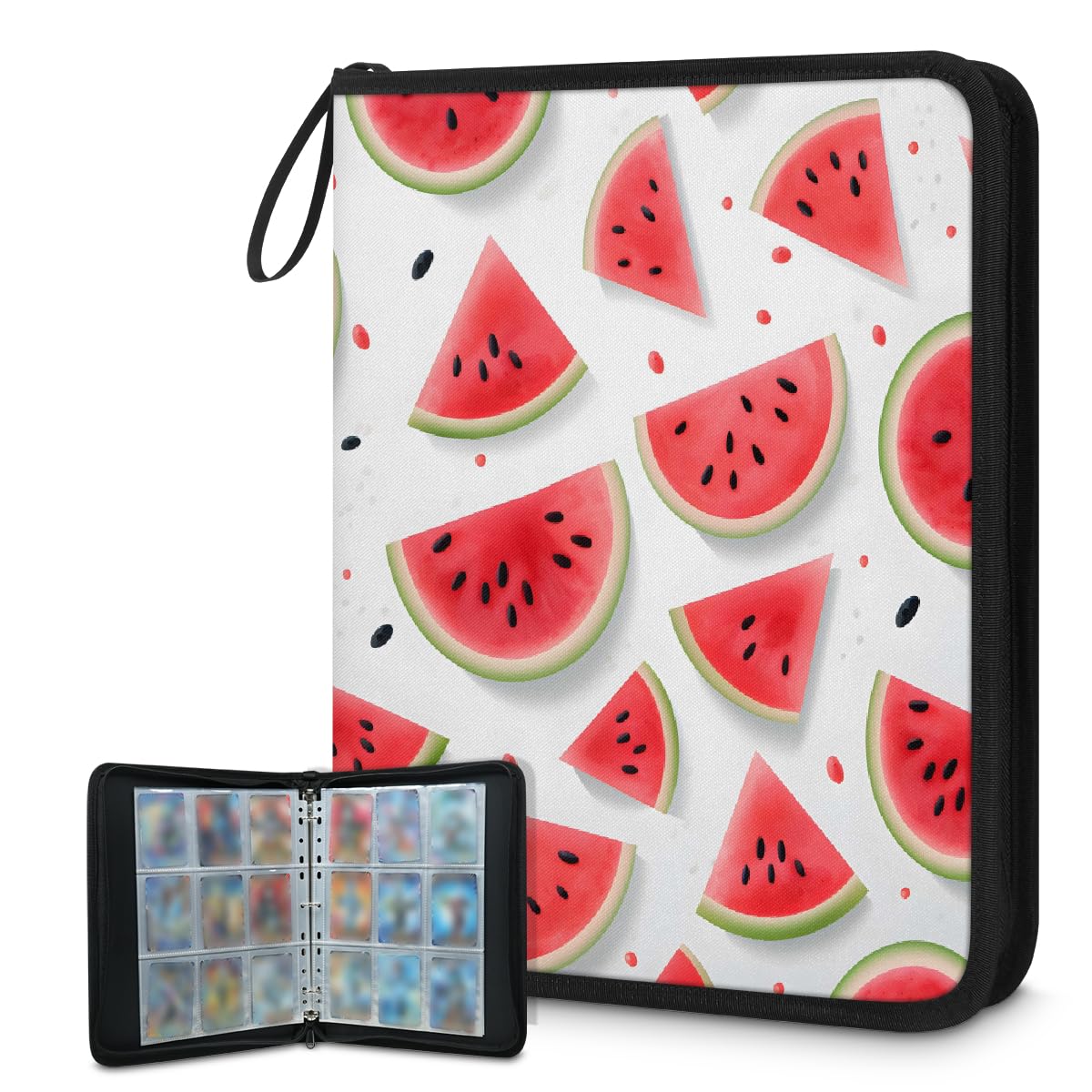 Carpeta para tarjetas de intercambio con 9 bolsillos, diseño de sandía, álbum de tarjetas de frutas de verano con fundas extraíbles, libro de tarjetas impermeable con cremallera, capacidad para 50