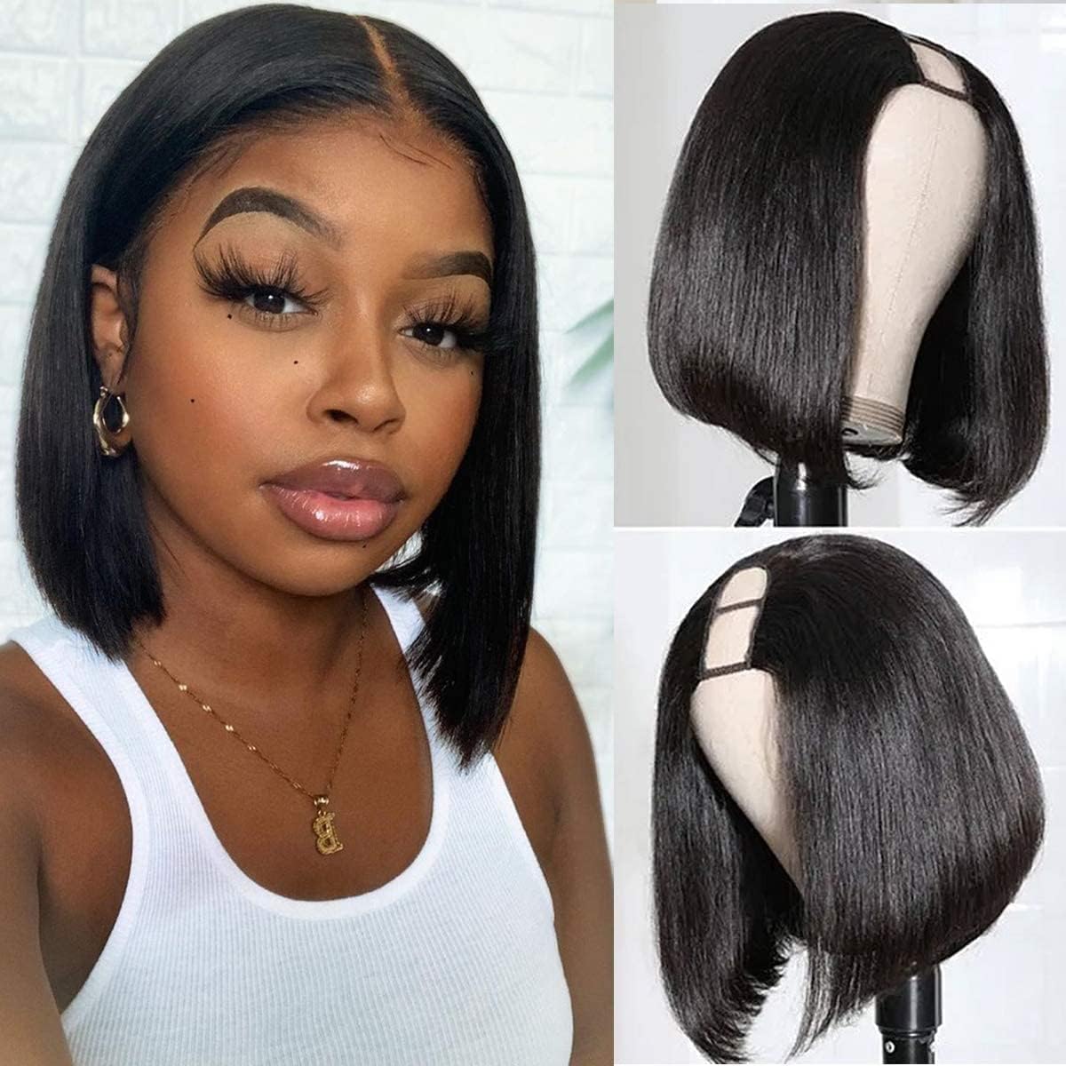 Nera Parrucca Bob 12" Parrucche Per Le Donne U Part Bob Wig Human Hair For Women Gift For Her (Nero, 30cm)